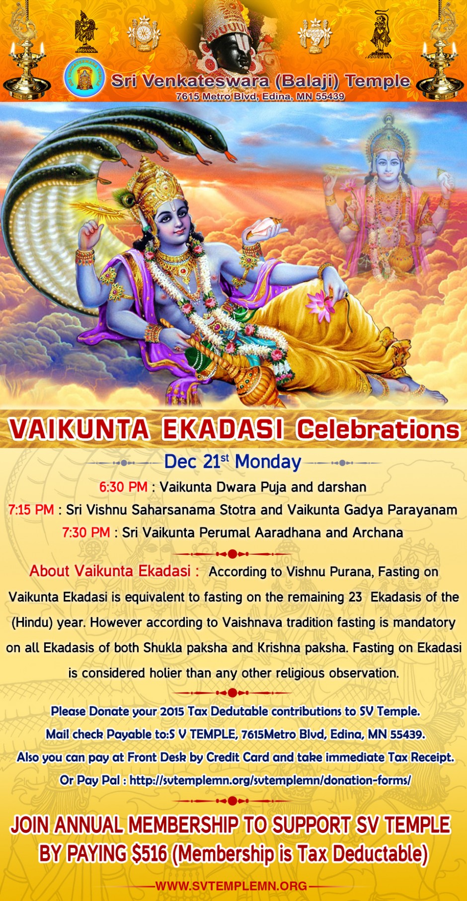 Vaikunta Ekadasi Dec 21st Sri Venkateswara (Balaji) Temple