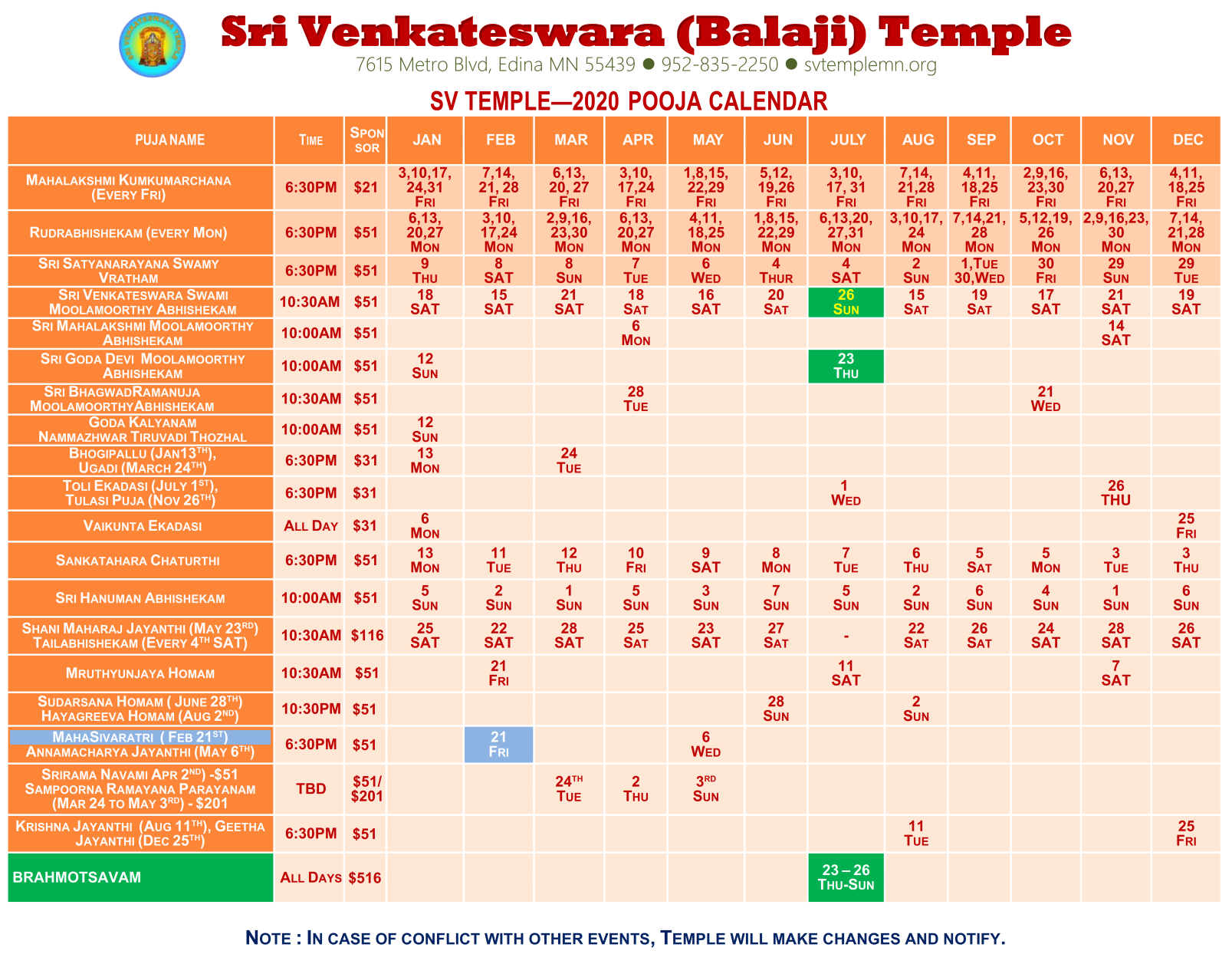 Puja Calendar | Sri Venkateswara (Balaji) Temple