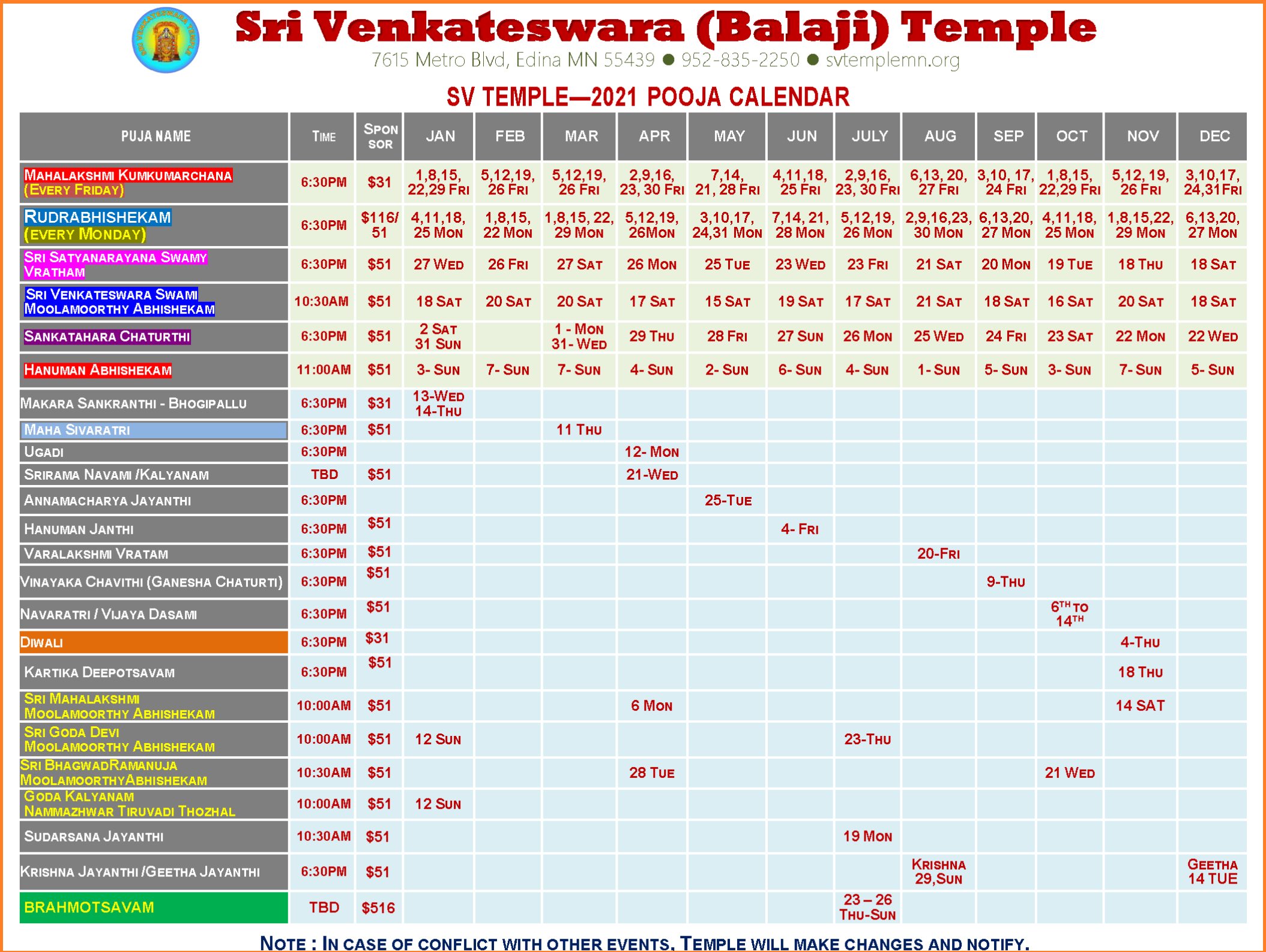 Puja Calendar 2021 | Sri Venkateswara (Balaji) Temple
